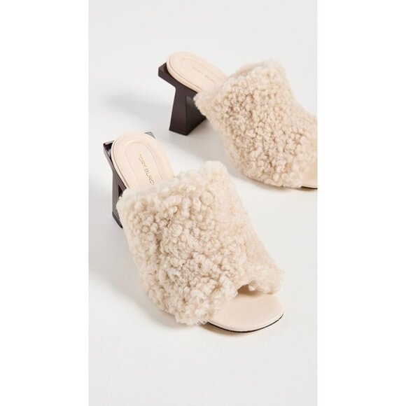 Tory Burch Shoes - New The Tory Burch Kaku Block T Shearling Mule Sandal Buttermilk/ Brie Sz 8 $398